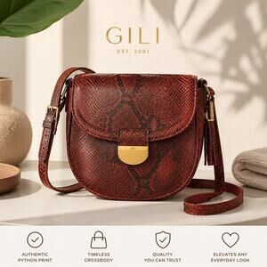 GILI Red Python Embossed Leather Saddle Bag Crossbody Shoulder Gold Hardware